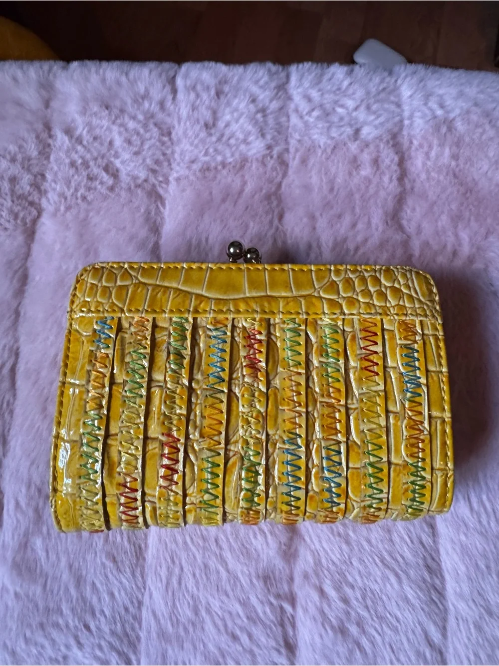 Jessica Simpson Yellow Embossed Wallet with Multicolor Stitching